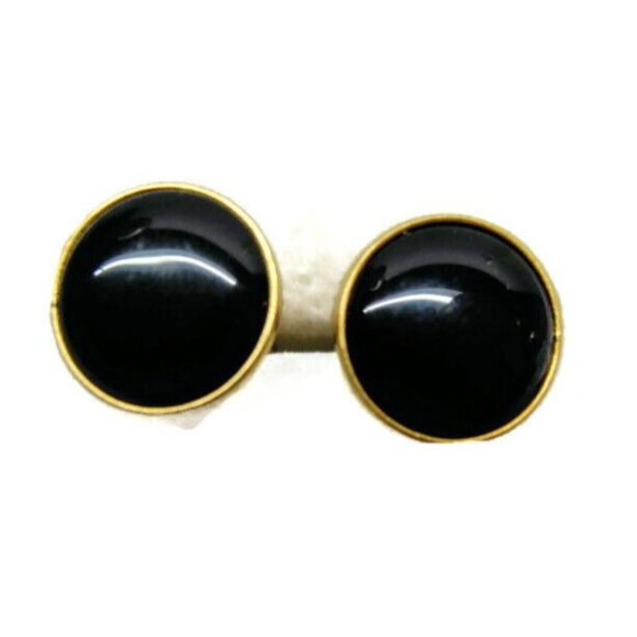 Round Cabochon Pioneer Black & Gold Tone Vintage Cufflinks - Picture 2 of 9